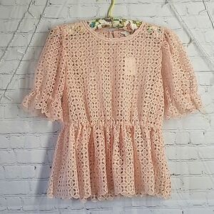 🆕️NWT C Est 1946 Peach Eyelet Sheer Ruffle Sleeve Lightweight Shirt Womens Sz S